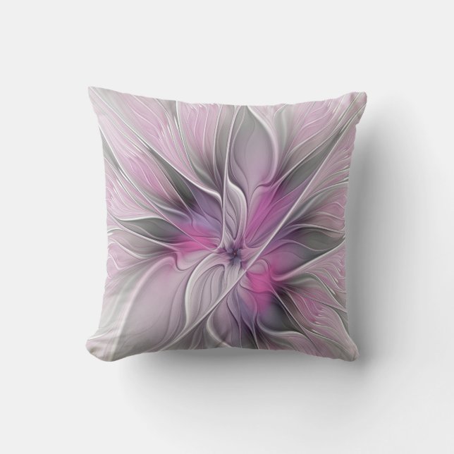Bloemige Fractale Moderne Abstracte Bloem Roze Gri Buitenkussen (Voorkant)