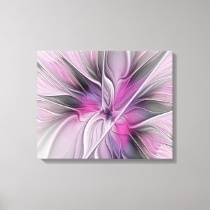 Bloemige Fractale Moderne Abstracte Bloem Roze Gri Canvas Afdruk