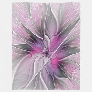 Bloemige Fractale Moderne Abstracte Bloem Roze Gri Fleece Deken