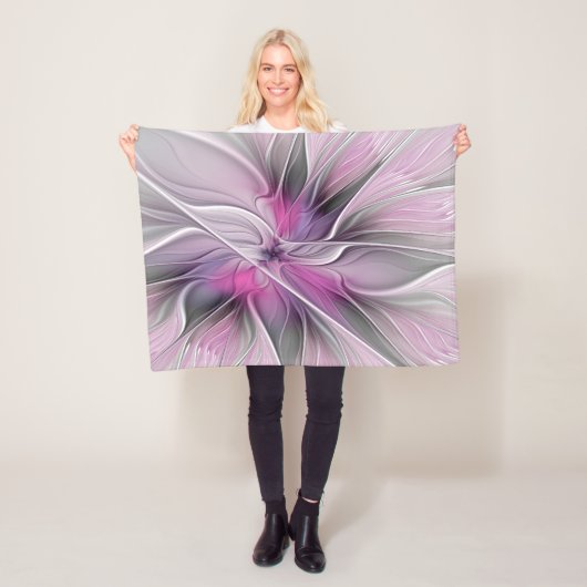 Bloemige Fractale Moderne Abstracte Bloem Roze Gri Fleece Deken (In situ)