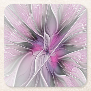 Bloemige Fractale Moderne Abstracte Bloem Roze Gri Kartonnen Onderzetters
