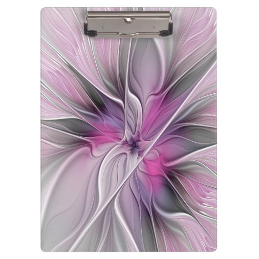 Bloemige Fractale Moderne Abstracte Bloem Roze Gri Klembord (Voorkant)
