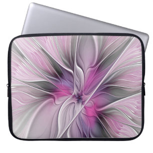 Bloemige Fractale Moderne Abstracte Bloem Roze Gri Laptop Sleeve