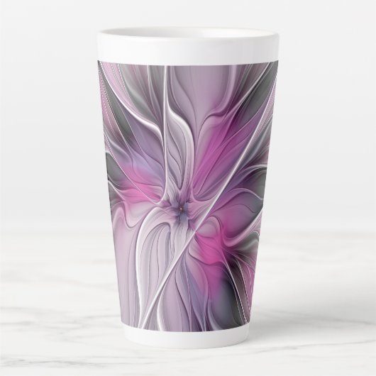 Bloemige Fractale Moderne Abstracte Bloem Roze Gri Latte Mok (Voorkant)