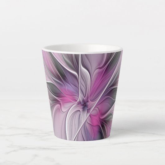 Bloemige Fractale Moderne Abstracte Bloem Roze Gri Latte Mok (Voorkant)