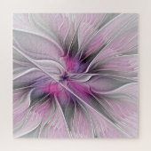 Bloemige Fractale Moderne Abstracte Bloem Roze Gri Legpuzzel (Horizontaal)
