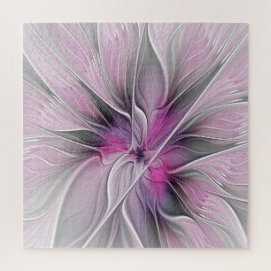 Bloemige Fractale Moderne Abstracte Bloem Roze Gri Legpuzzel