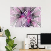 Bloemige Fractale Moderne Abstracte Bloem Roze Gri Poster (Thuiskantoor)