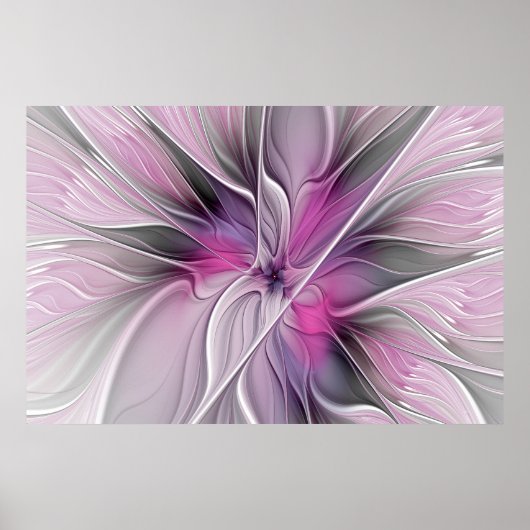 Bloemige Fractale Moderne Abstracte Bloem Roze Gri Poster (Voorkant)