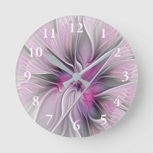 Bloemige Fractale Moderne Abstracte Bloem Roze Gri Ronde Klok