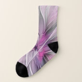 Bloemige Fractale Moderne Abstracte Bloem Roze Gri Sokken (Links - buitenkant)