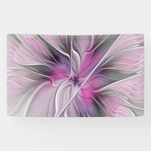 Bloemige Fractale Moderne Abstracte Bloem Roze Gri Spandoek (Horizontaal)