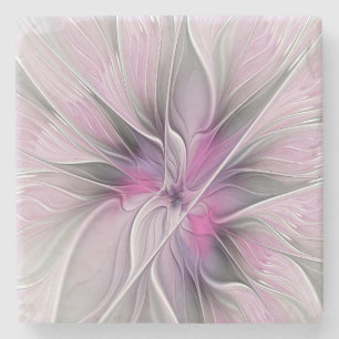 Bloemige Fractale Moderne Abstracte Bloem Roze Gri Stenen Onderzetter