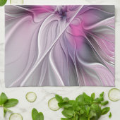 Bloemige Fractale Moderne Abstracte Bloem Roze Gri Theedoek (Gevouwen)