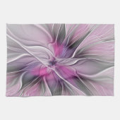 Bloemige Fractale Moderne Abstracte Bloem Roze Gri Theedoek (Horizontaal)