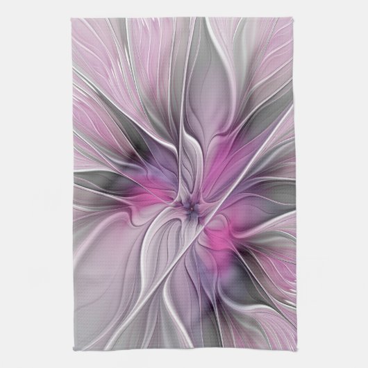 Bloemige Fractale Moderne Abstracte Bloem Roze Gri Theedoek (Verticaal)