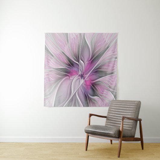 Bloemige Fractale Moderne Abstracte Bloem Roze Gri Wandkleed (In situ)
