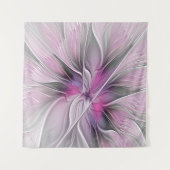 Bloemige Fractale Moderne Abstracte Bloem Roze Gri Wandkleed (Voorkant)