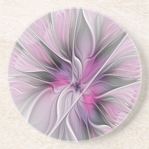 Bloemige Fractale Moderne Abstracte Bloem Roze Gri Zandsteen Onderzetter