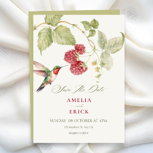 Bloemige frambozen kolibrie bruiloft  save the date
