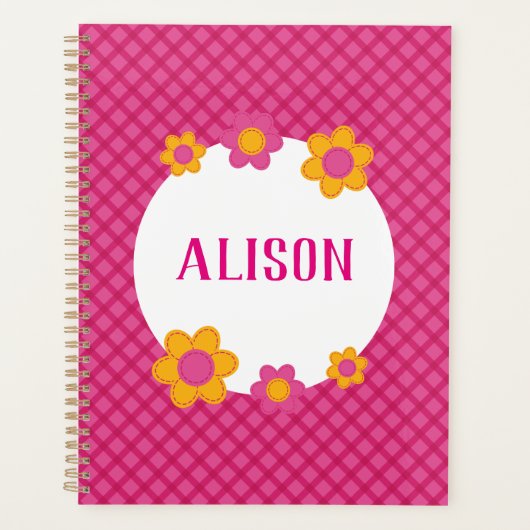 Bloemige fuchsia geruite meisjesnaam planner (Voorkant)