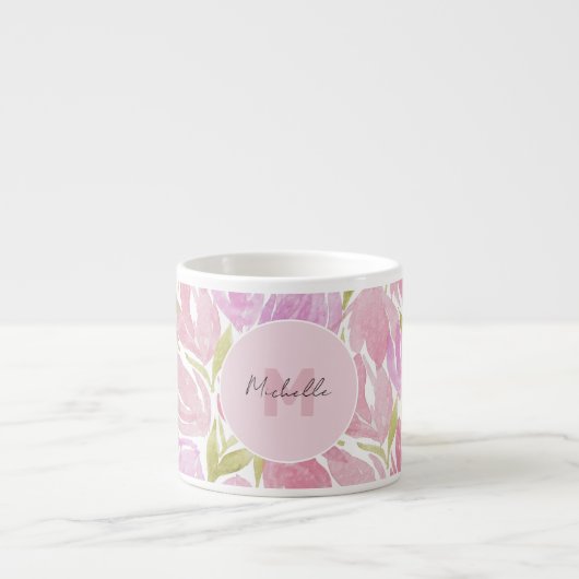 Bloemige Fuchsia Roze Waterverf Monogram Espresso Kop (Voorkant)