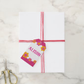 Bloemige fuchsia ruit meisjesnaam cadeaulabel (Met Touw)