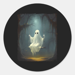 bloemige geest op schommel in bos spooky hal ronde sticker