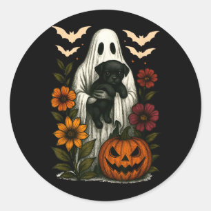 Bloemige Geest Zwarte Hond Coquette Grappig Hallow Ronde Sticker