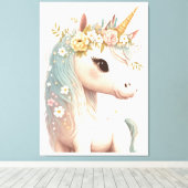 Bloemige Geklede Nurseryeenhoorn Elegante Waterver Canvas Afdruk (Insitu (Houten vloer))