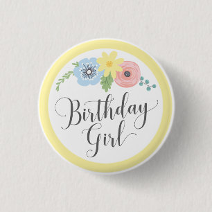 Bloemige gele verjaardagsfeestje voor baby en kind ronde button 3,2 cm