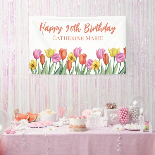 Bloemige Gelukkige 90e Verjaardag  Spandoek (Feest)