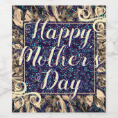 Bloemige Gelukkige Moederdag Elegante Navy Goud Bo Wijn Etiket (Enkel label)