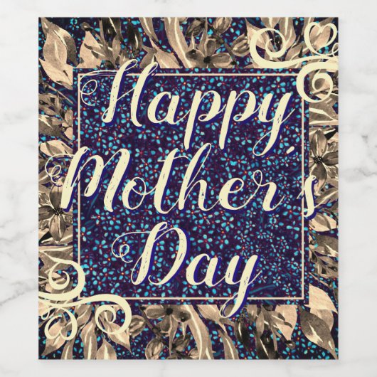 Bloemige Gelukkige Moederdag Elegante Navy Goud Bo Wijn Etiket (Enkel label)