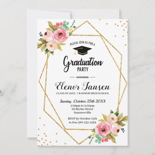 Bloemige geometrische gouden glitter afstudeerfees kaart (Voorkant)