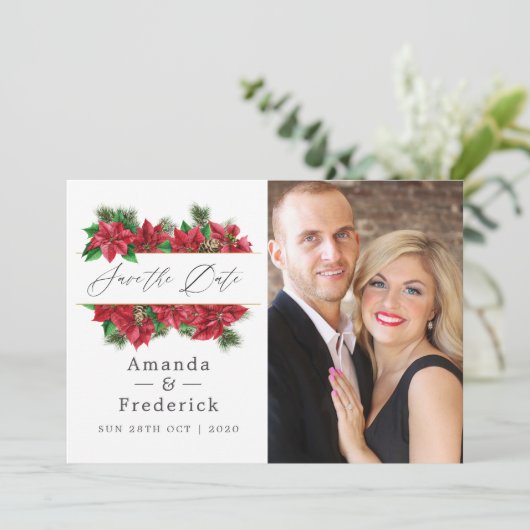 Bloemige geometrische kerst bruiloft save the date (Staand voorkant)