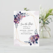 Bloemige Geometrische Paarse Blad Bruiloft Save The Date (Staand voorkant)
