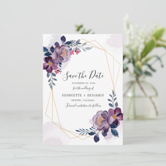 Bloemige Geometrische Paarse Blad Bruiloft Save The Date (Staand voorkant)