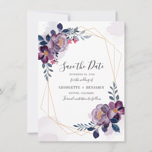 Bloemige Geometrische Paarse Blad Bruiloft Save The Date (Voorkant)