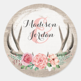 Bloemige Geweien Rustieke Houten Huwelijk Persoonl Ronde Sticker