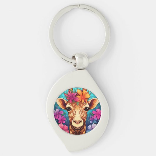 Bloemige Giraffe Portret-9321 Sleutelhanger (Voorkant)
