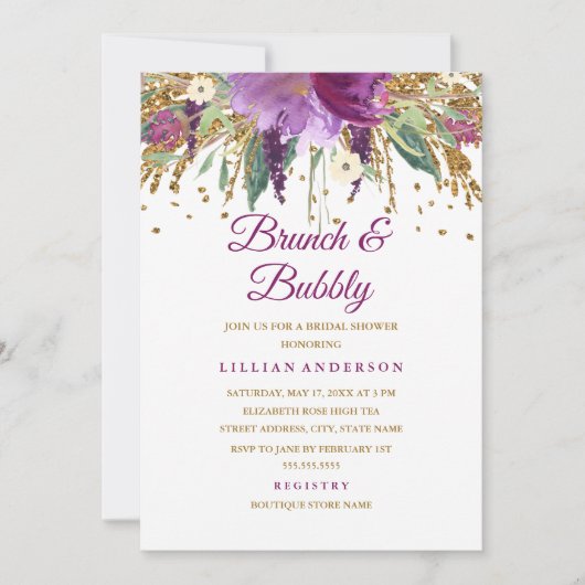 Bloemige Glitter Amethyst Brunch en Mousserende Wi Kaart (Voorkant)