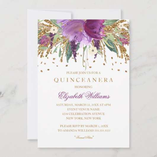Bloemige Glitter Amethyst Quinceanera Uitnodiging (Voorkant)