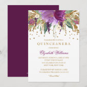 Bloemige Glitter Amethyst Quinceanera Uitnodiging (Voorkant / Achterkant)