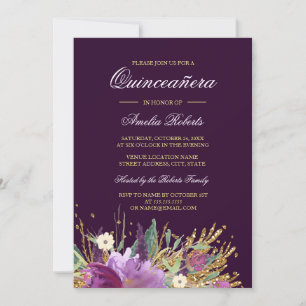 Bloemige Glitterende Quinceanera Uitnodiging