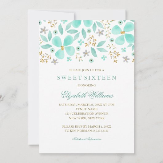 Bloemige Gouden Mint Blad Sweet 16 Uitnodiging (Voorkant)