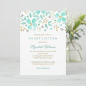 Bloemige Gouden Mint Blad Sweet 16 Uitnodiging (Staand voorkant)