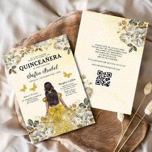 Bloemige Gouden QR Code Prinses Quinceanera Kaart