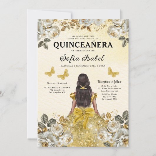 Bloemige Gouden QR Code Prinses Quinceanera Kaart (Voorkant)