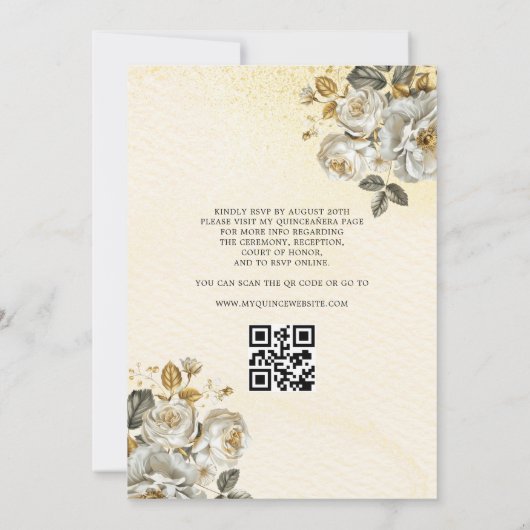 Bloemige Gouden QR Code Prinses Quinceanera Kaart (Achterkant)